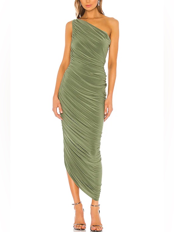 Norma Kamali Diana Gown In Celadon Green Ruched Midi Length Size Xs